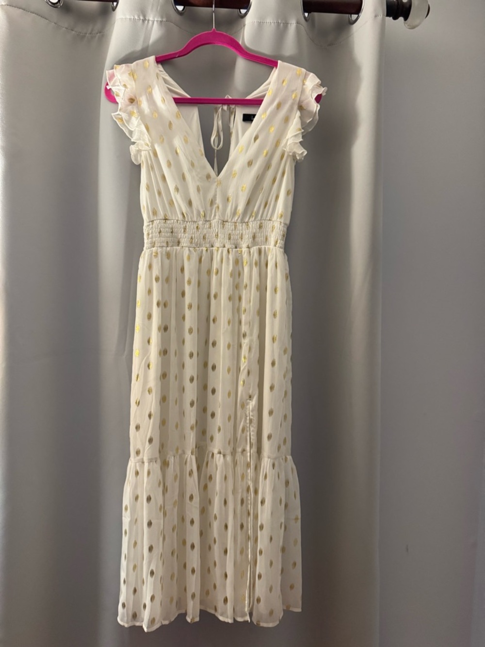 Lulu's Cause to Celebrate White and Gold Dot Ruffled Tiered Midi Dress